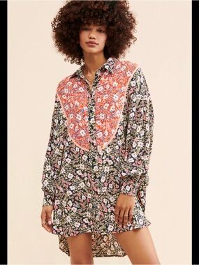Glamorous mixed folk Black Floral Mix-Print Shirt Dress with Orange Yoke